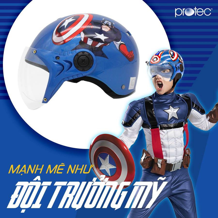Mũ bảo hiểm trẻ em 1/2 đầu có kính Protec Kitty, họa tiết siêu anh hùng Captain American