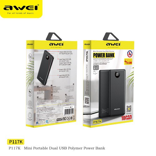 Sạc dự phòng Awei P117K 10000mAh hai cổng USB PD20W màn hình LED kỹ thuật số chất lượng cao