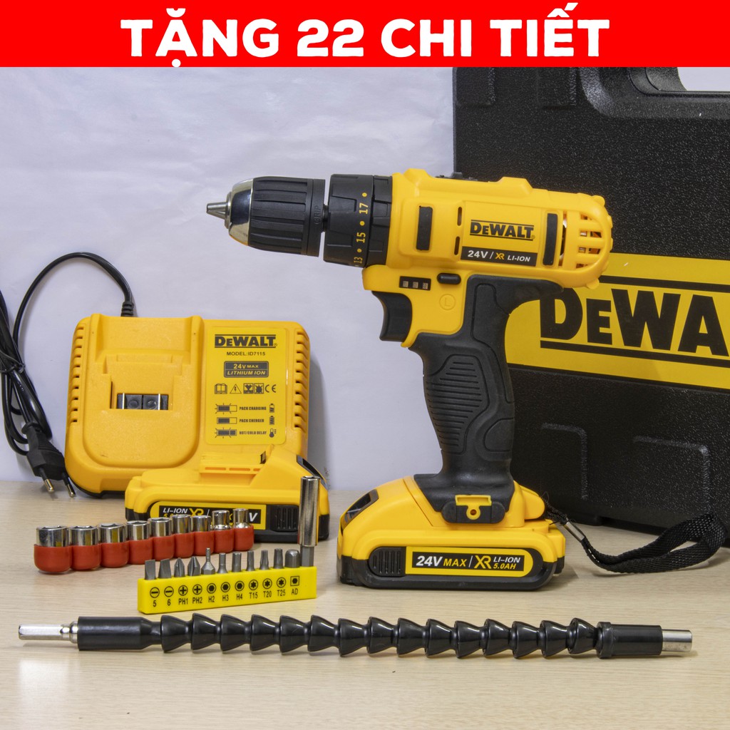 [TẶNG BỘ PHỤ KIỆN 22 CHI TIẾT] Máy khoan pin cầm tay DEWALT 24v có búa - khoan 3 chức năng - máy bắt vít - pin 5 cell