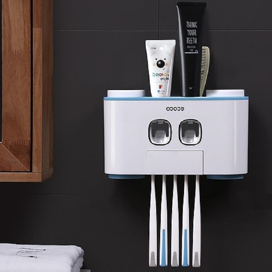 Nhả kem đánh răng tự động Ecoco - Hộp đựng kem và bàn chải đánh răng 5 ngăn 4 cốc cao cấp No.101132