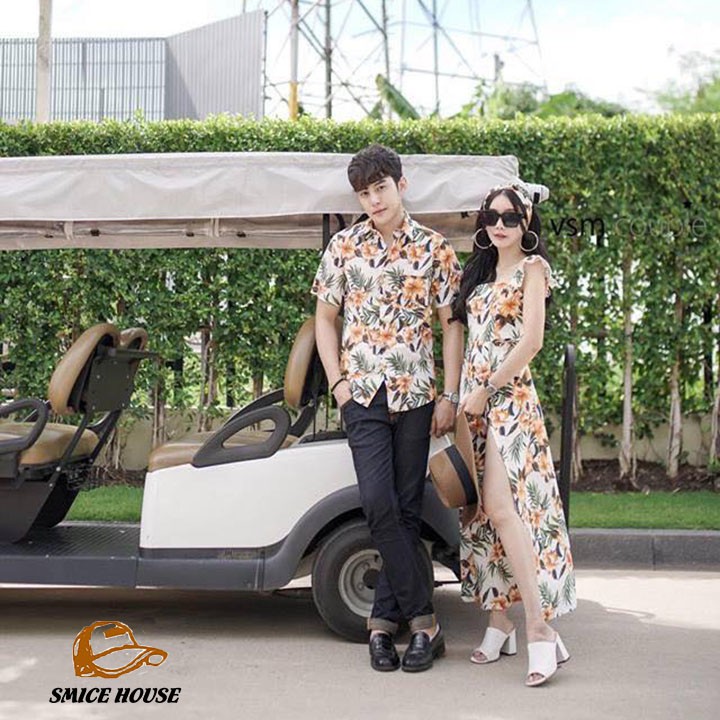 SET ĐỒ ĐÔI NAM NỮ, ÁO CẶP HOA LÁ ĐI BIỂN CHỤP HÌNH CƯỚI ĐẦM XẺ TÀ