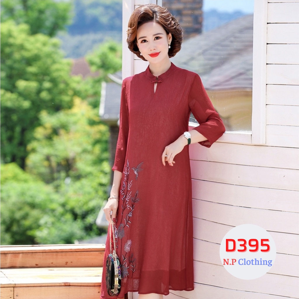 Đầm Trung Niên D395, Mẫu Đầm Cho Mẹ Trung Niên Chất Chiffon Form Rộng Tay Lỡ Sang Trọng | Thời Trang Trung Niên U50+
