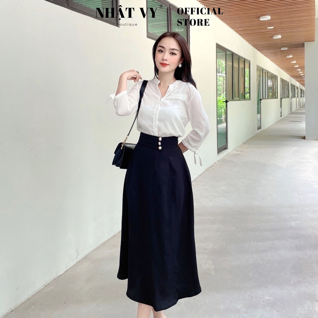 Chân Váy Công Sở NHẬT VY Dáng Dài Chữ A Đính Nút Có Dây Kéo Chất Cotton Màu Nâu, Đen - D2322