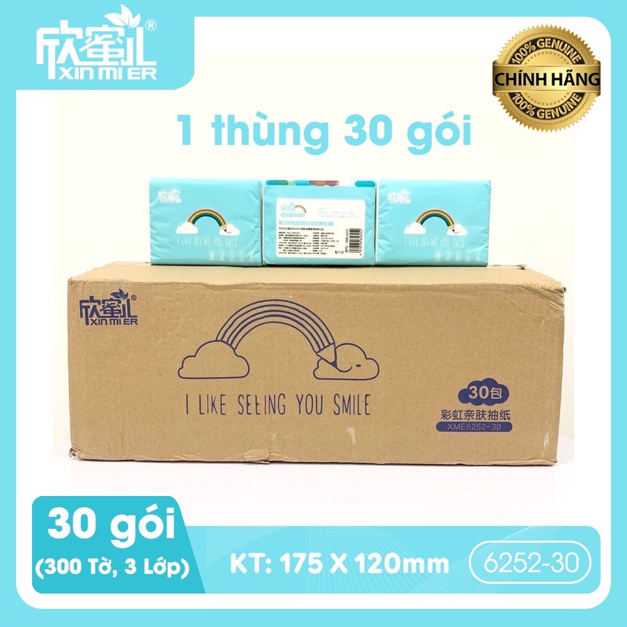 Thùng 30 gói giấy cầu vồng Xinmier nội địa được cấu tạo với 3 lớp thấm hút, an toàn cho da em bé.