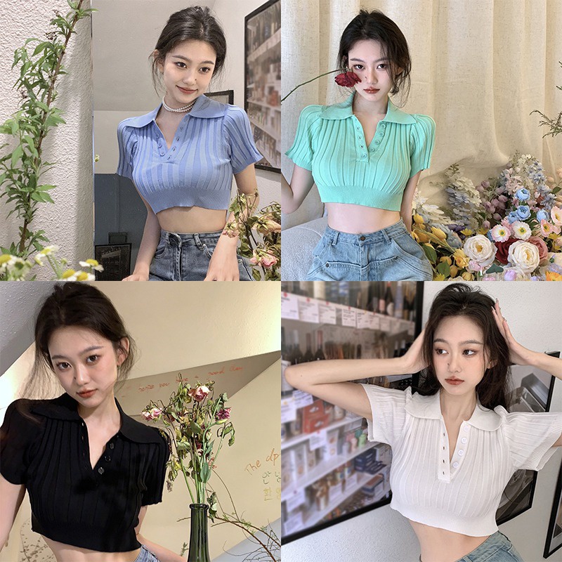 Áo Croptop Dệt Kim Tay Ngắn Màu Sắc Đơn Giản Phong Cách Hàn Quốc Cho Nữ