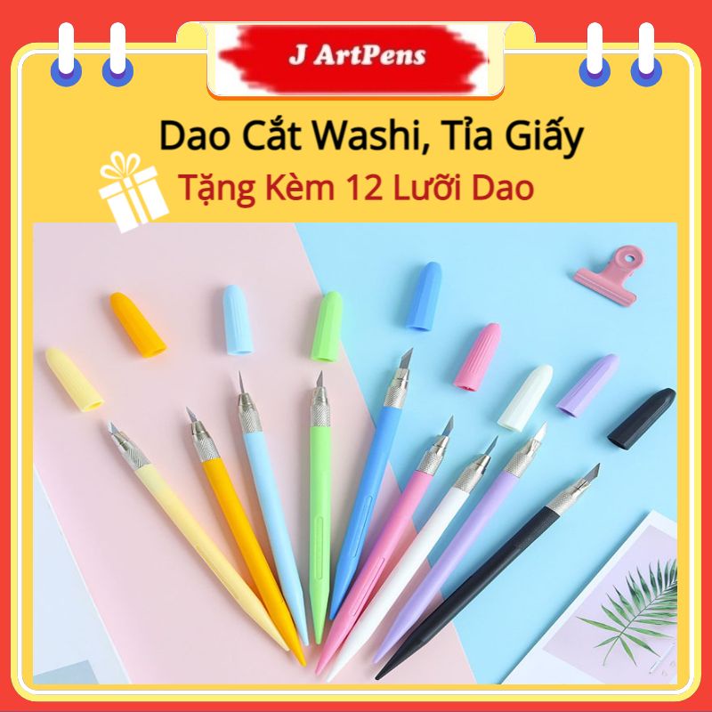 Dao Cắt Washi Tape Tỉa Giấy Gọt Mô Hình Trang Trí Kèm 12 Lưỡi Nhiều Màu Xanh Tím Đen Trắng Vàng Hồng (Shop J-ArtPens)