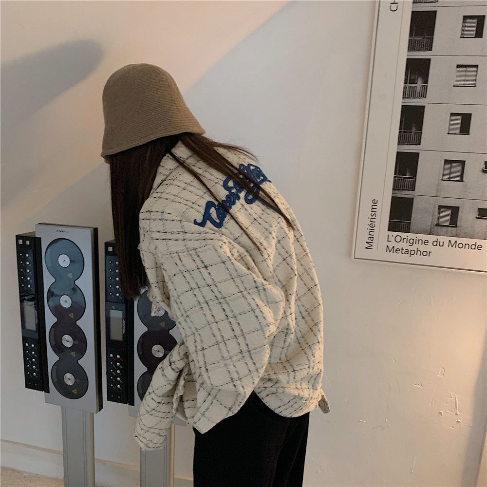 Áo khoác dáng rộng họa tiết sọc caro phong cách Hàn Quốc thời trang xuân thu dành cho nữ