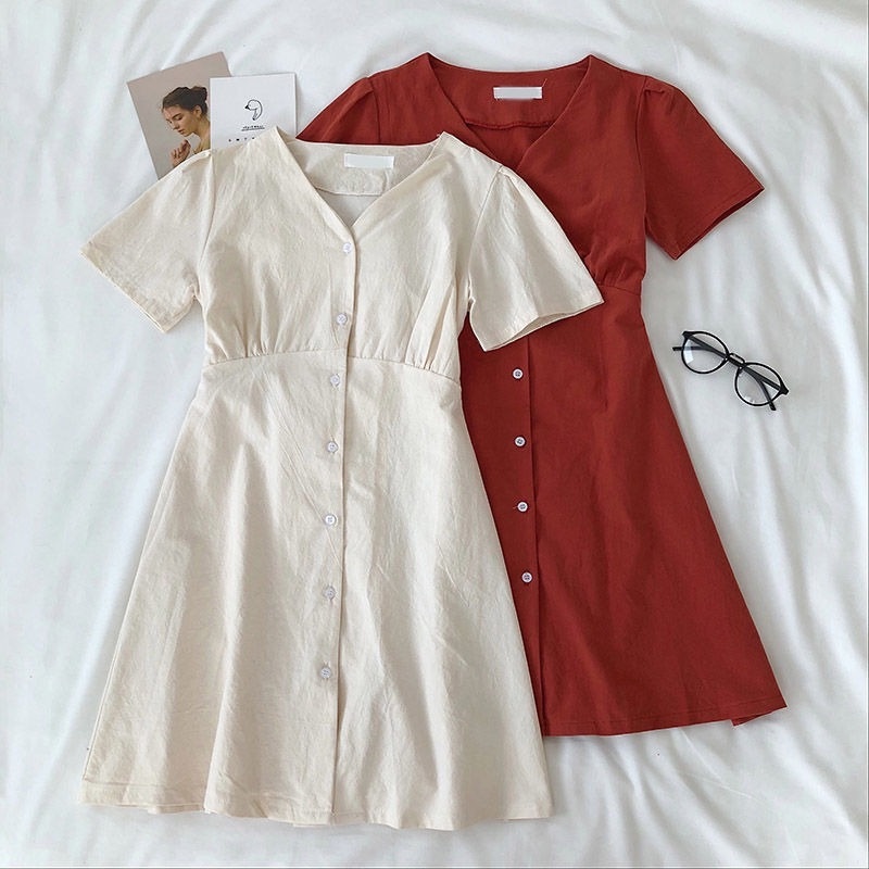 Đầm Tay Ngắn Cổ Chữ V Phong Cách Retro Hong Kong Thời Trang Mùa Hè Cho Nữ