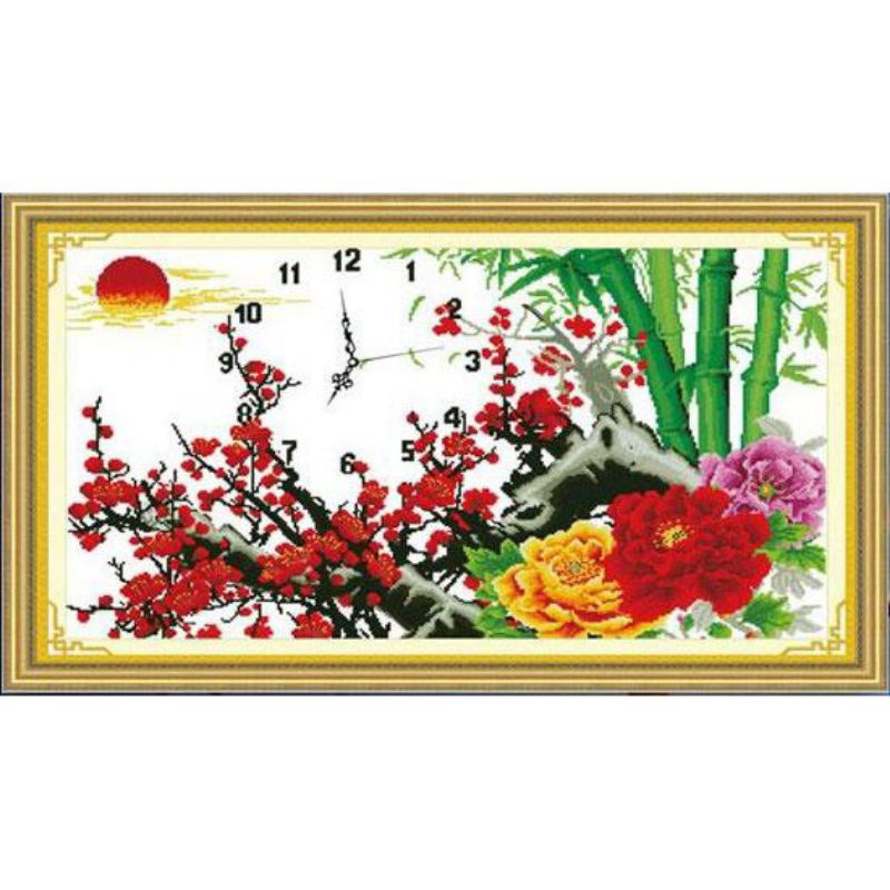 Tranh thêu đồng hồ Đào đỏ may mắn kích thước 84*52cm