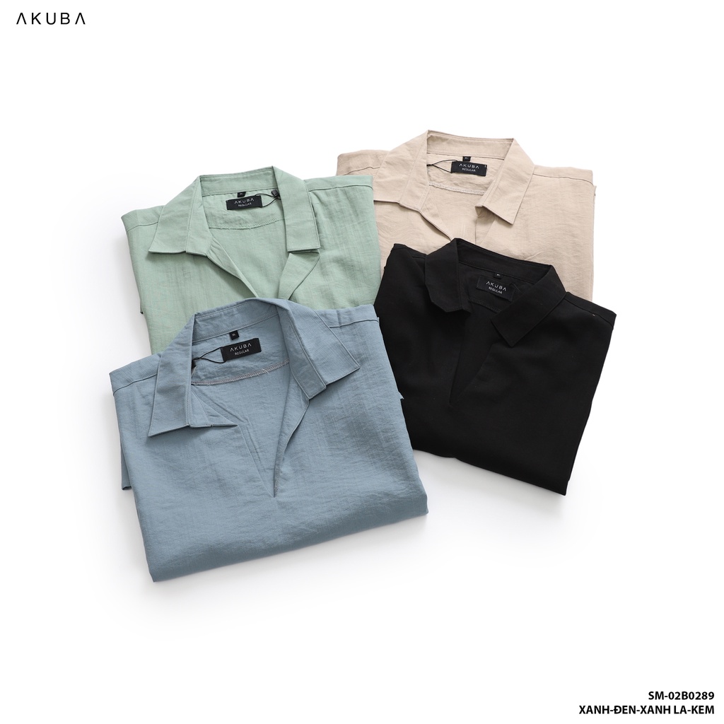 Áo linen nam có cổ tay ngắn trơn AKUBA form regular, vải linen nhẹ, thấm hút cực tốt, thân thiện môi trường 02B0289