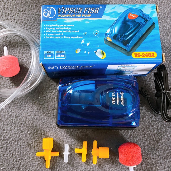 Máy Oxi VipSun 1 vòi 3w kèm 1m dây,1 viên sủi cho hồ cá cảnh tặng 1 van ngang, 2 chữ T, 1 nối, 1 viên sủi