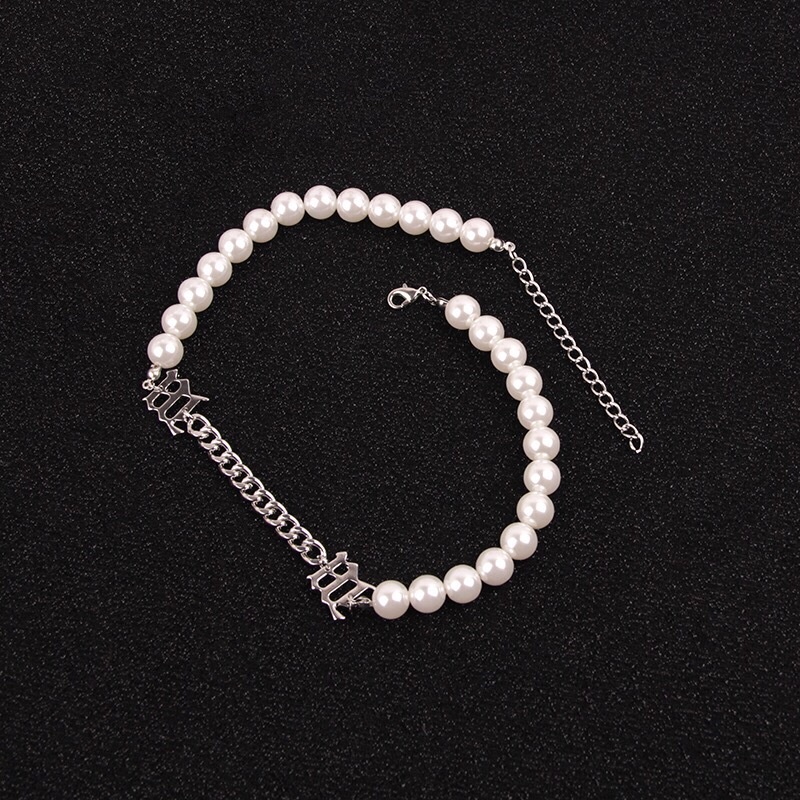 Vòng Cổ Choker / Vòng Đeo Tay Xỏ Ngọc Trai Nhân Tạo Dây Màu Bạc Phong Cách Hàn Quốc