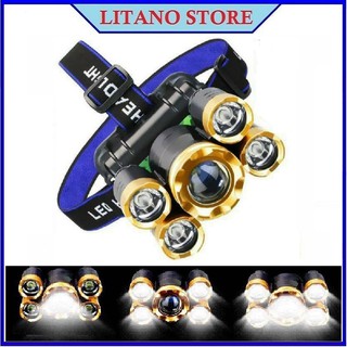 Đèn Pin Đội Đầu Siêu Sáng 5 Bóng Led Chiếu Xa Tới 300m, Tặng Kèm Sạc