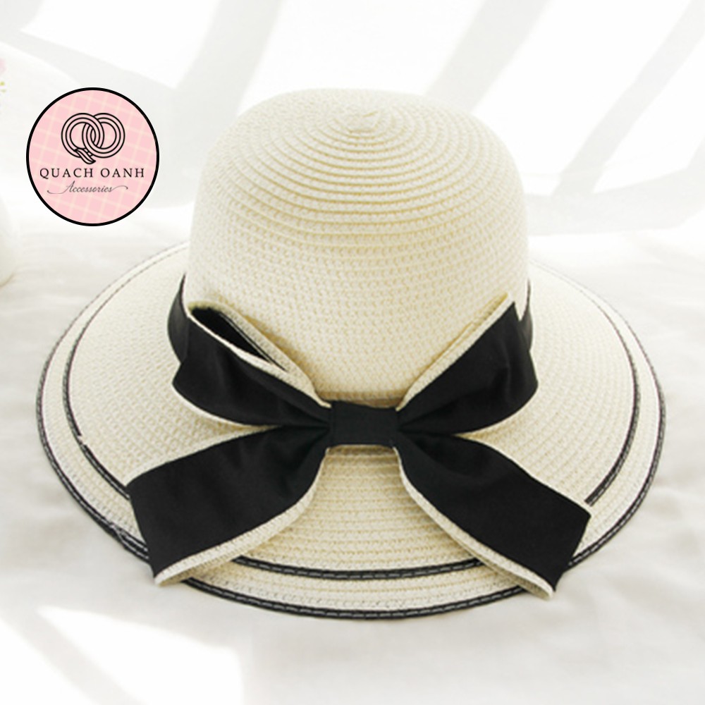Mũ cói mềm, nón cói đi biển mẹ và bé vành rộng viền đen đai nơ phong cách vintage chống nắng – MU36