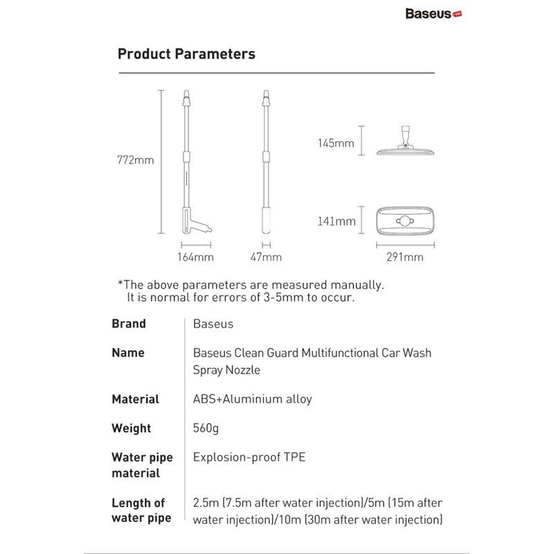 Bộ vòi xịt rửa xe tăng áp và chổi lau xe hơi Baseus Clean Guard Multifunctional Car Wash Spray Nozzle