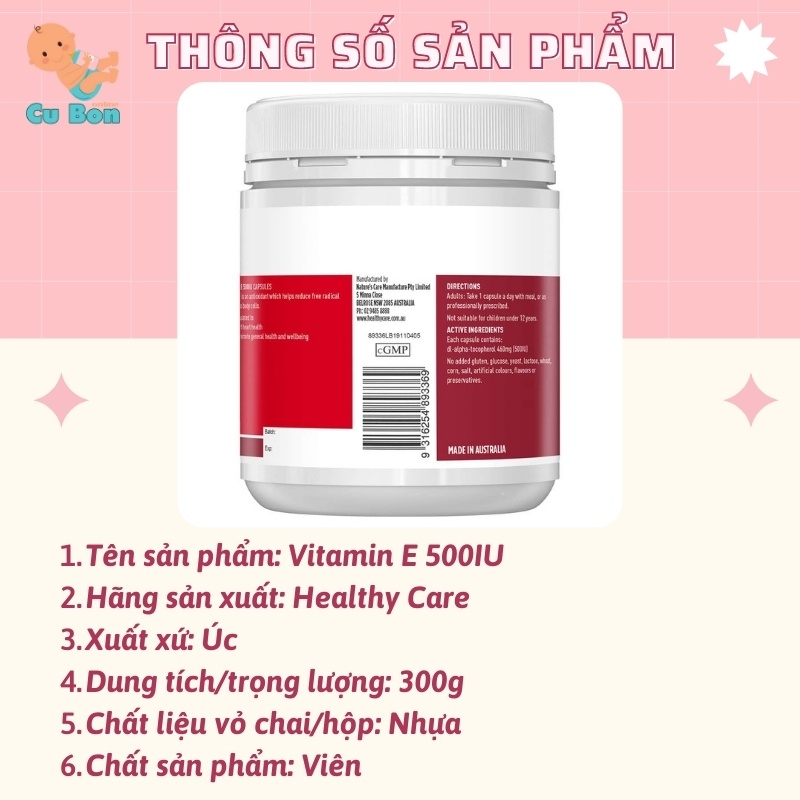 Viên uống Healthy Care Vitamin E 500IU, Úc 200 viên hỗ trợ tái tạo, làm đẹp da và tóc hỗ trợ sức khỏe tim mạch