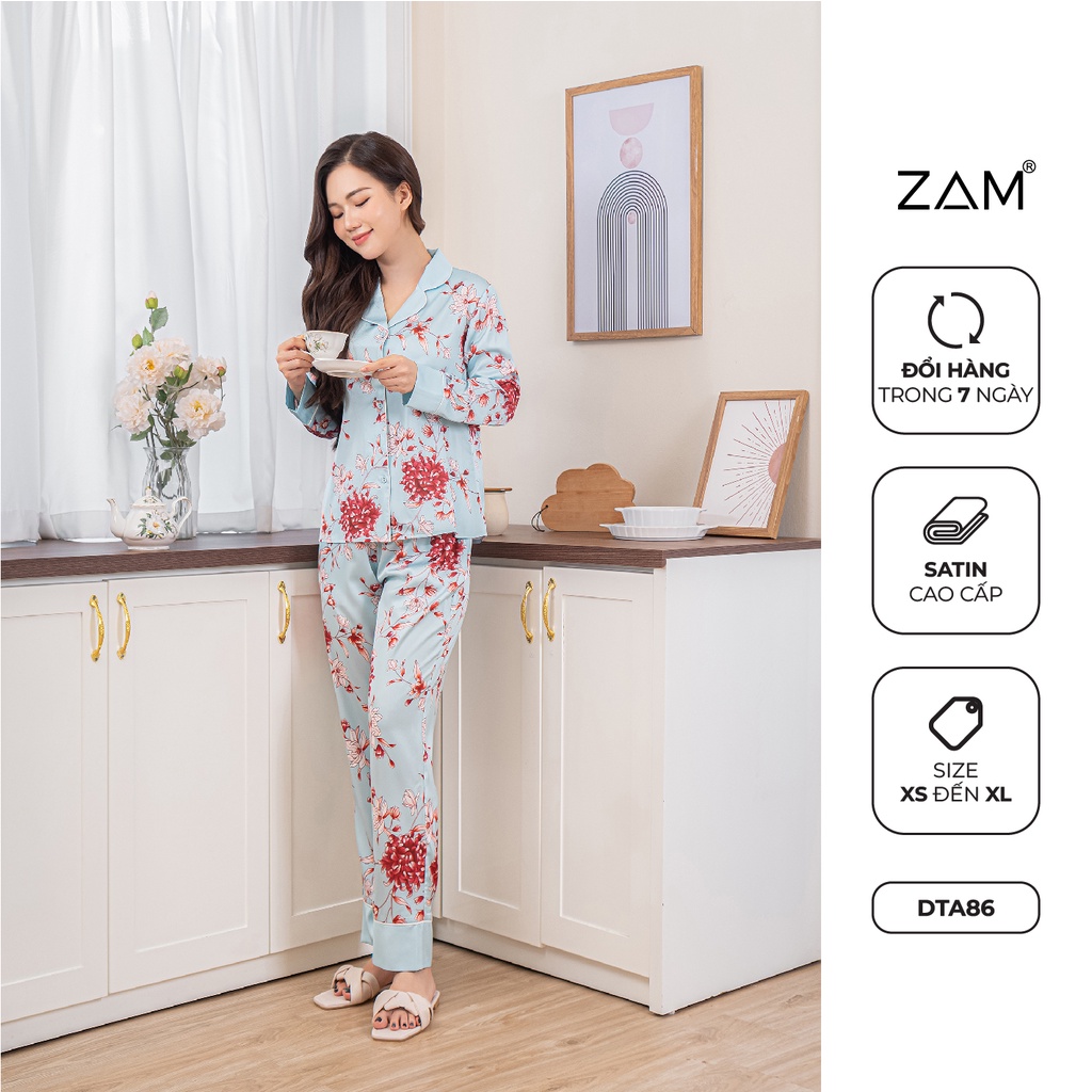 Bộ ngủ mặc nhà satin ZAM Luxury - DTA86 - áo dài tay quần dài hoạ tiết
