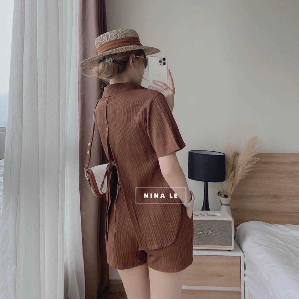 Sét Bộ Nữ Thời Trang Mặc Đi Chơi, Sét Bộ Đùi Xô Gân Nổi Cao Cấp Y Hình Áo Sơ Mi Hở Lưng Sau Mix Quần Đùi Xinh Xắn