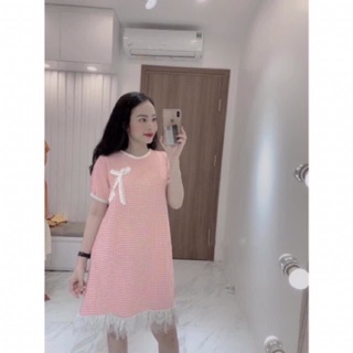 Đầm bầu kẻ phối chân ren siêu xinh