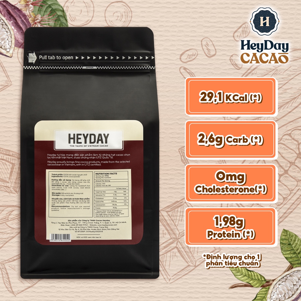 Bột cacao nguyên chất chứng nhận UTZ Heyday Balanced 1kg (2 túi x 500g)