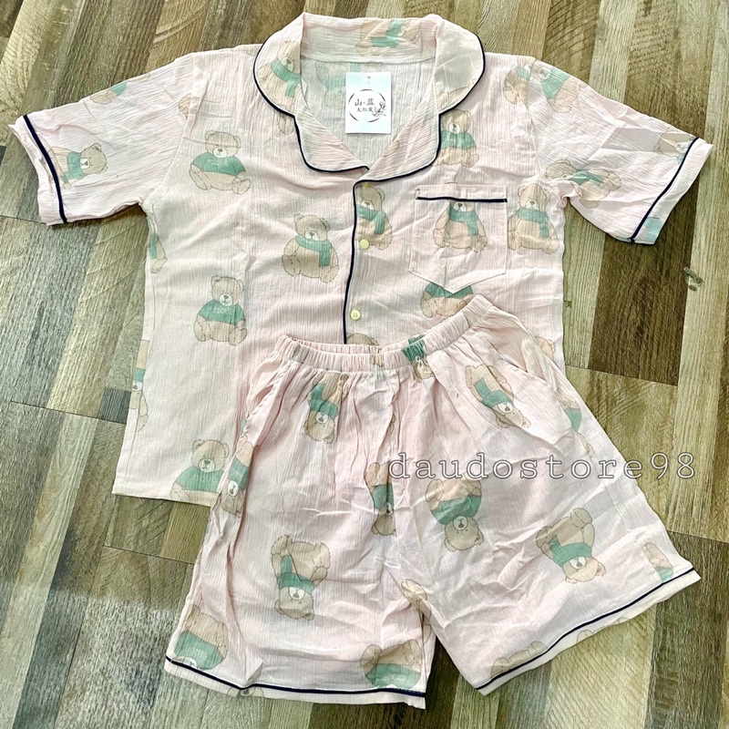 [ẢNH THẬT/CLIP] Bộ đồ ngủ nữ Bộ đồ ngủ Pyjama chất liệu đũi xốp hoạt hình ngắn tay quần đùi short
