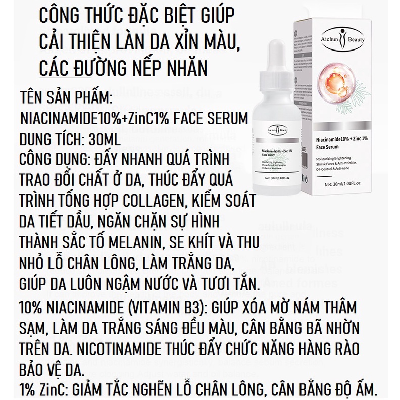 Serum Niacinamide 10% + Zinc 1% Aichun Ngăn Ngừa Và Giảm Mụn Kiềm Dầu,  Dưỡng Da Trắng Sáng, Mờ Thâm, Sạm Da, Giảm Quá T