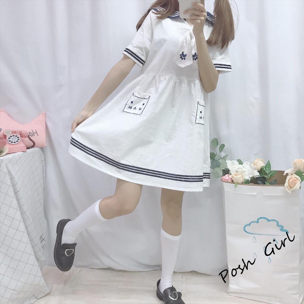 Bộ Đồ Thủy Thủ Thêu Hình Mèo Phong Cách Lolita Nhật Bản Cho Nữ