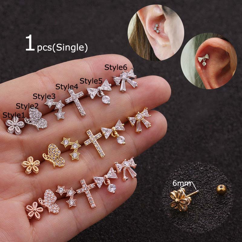 Khuyên tai xỏ bằng inox đính đá zircon 6mm thời trang