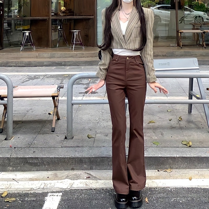 [ORDER 30 NGÀY] Quần jean nữ ống loe cạp cao màu nâu ống dài phong cách Hàn Quốc | BigBuy360 - bigbuy360.vn