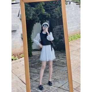 Đầm trắng cổ bèo phối gile đen - kèm video