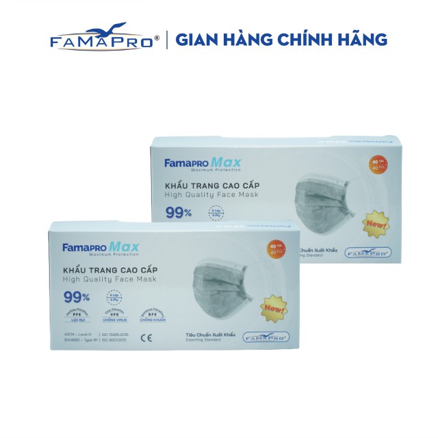 [HỘP-40 CÁI-MÀU XÁM] COMBO 2 HỘP Khẩu trang y tế cao cấp kháng khuẩn 4 lớp Famapro max