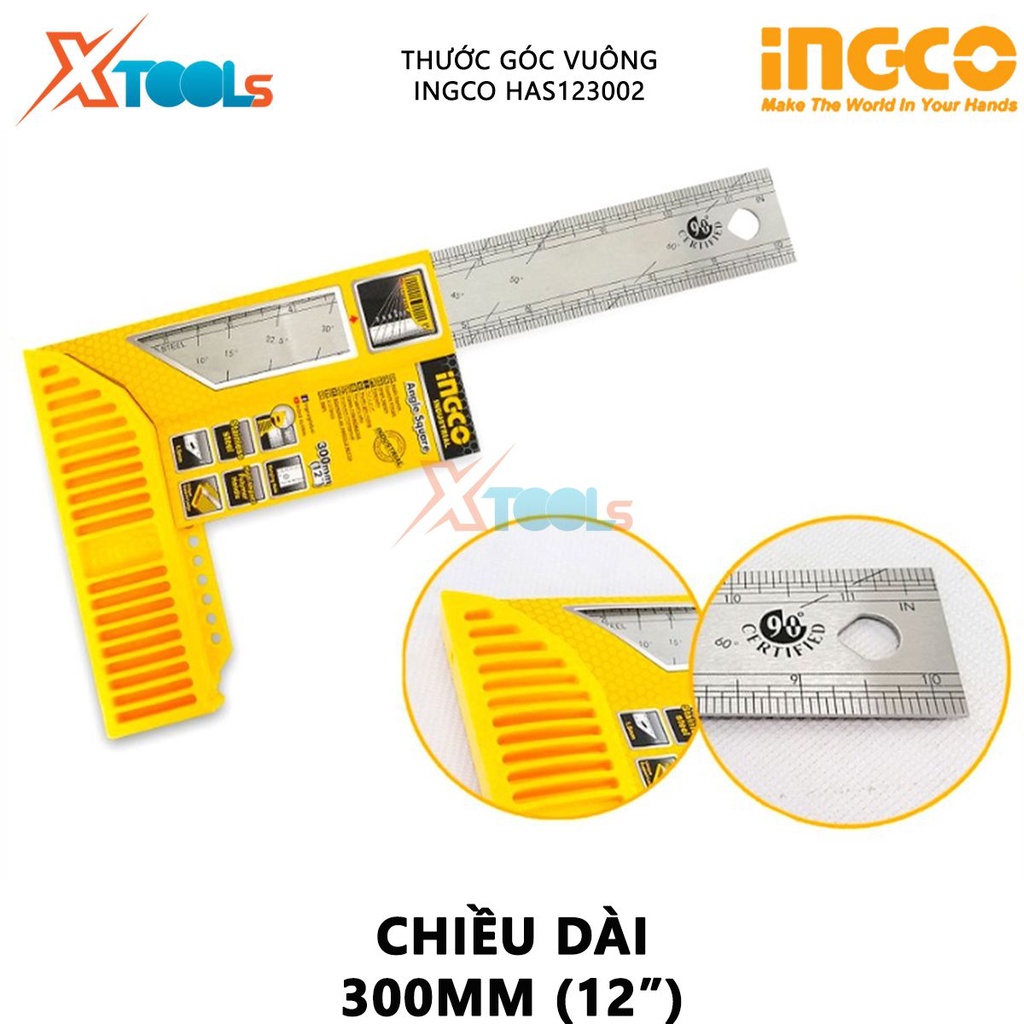 Thước đo góc vuông INGCO HAS123002 | thước ê ke chiều dài 300mm (12&quot;) chiều rộng lưỡi dao 40mm độ dày lưỡi dao 1,5mm để