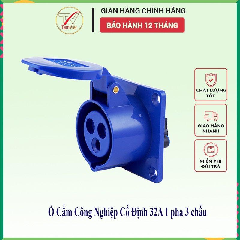 Ổ cắm công nghiệp cố định Tâm Việt, ổ cắm điện 32A 1 pha 3 chấu 220V gắn âm