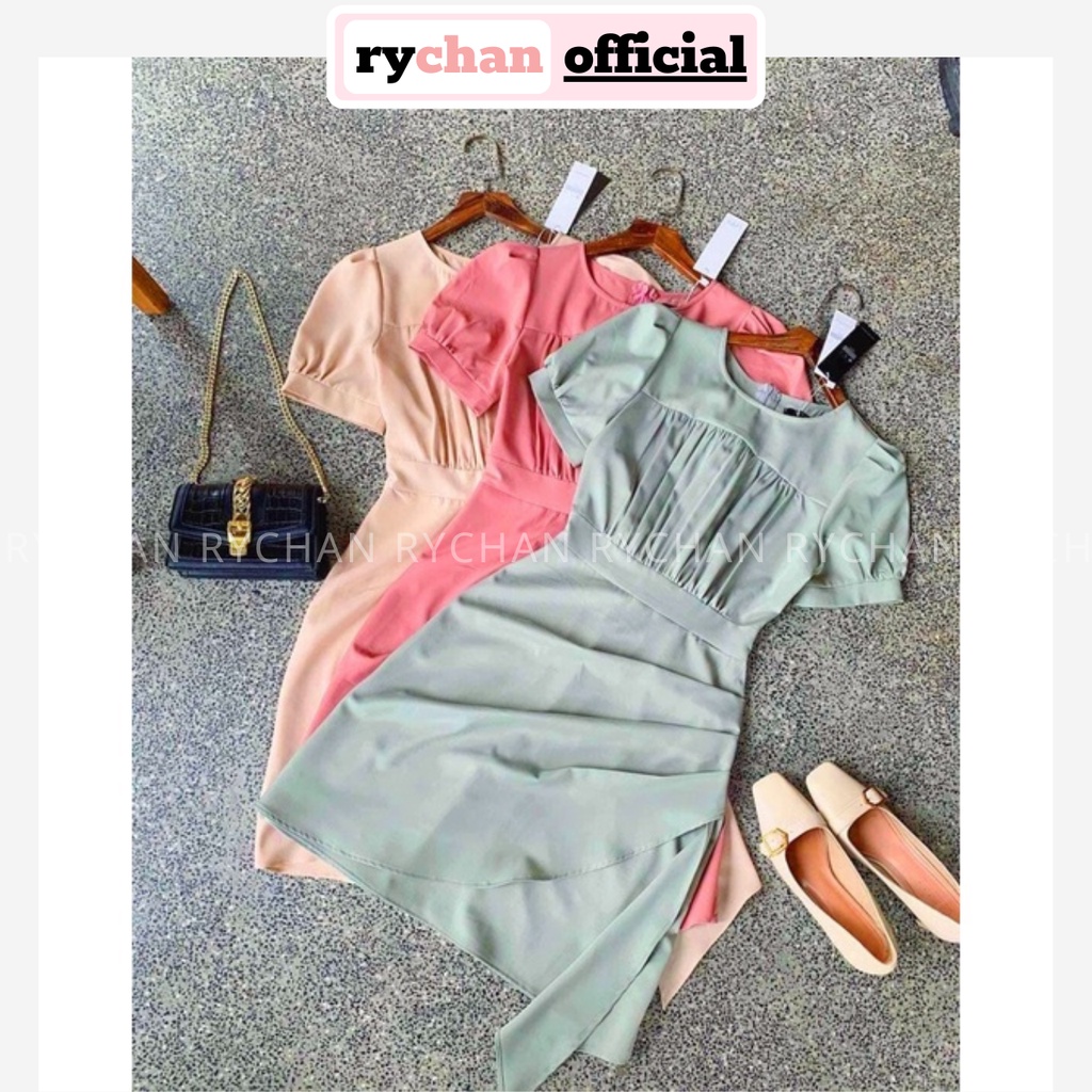 Đầm Thiết Kế Nữ Cổ Vuông Tay Ngắn Phối Tùng Bèo Đuôi Đắp Chéo Thanh Lịch Màu Hồng Kem Xanh [ẢNH THẬT CUỐI] - DX9682