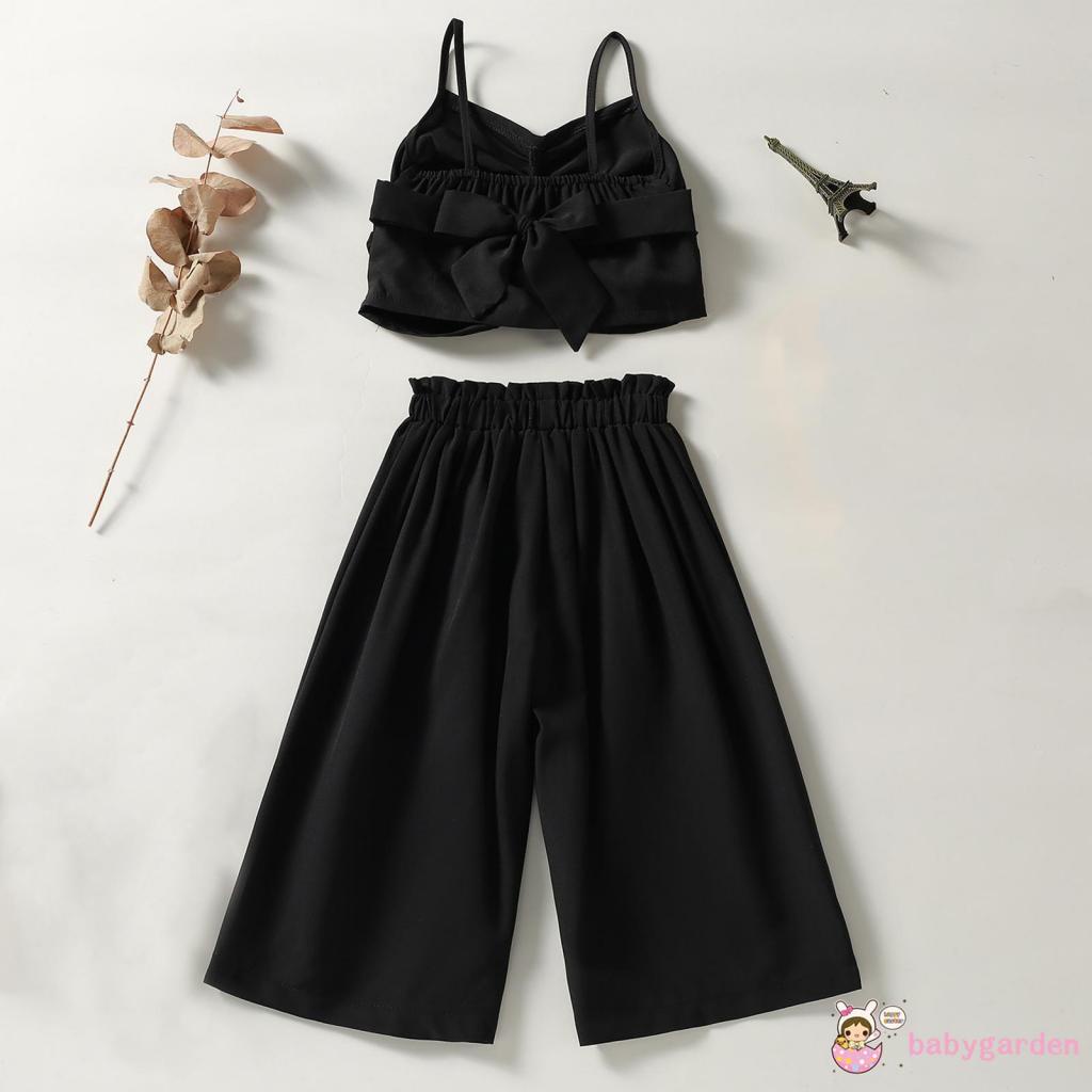 Bộ áo croptop sát nách màu trơn phối quần ống rộng thời trang mùa hè cho bé gái