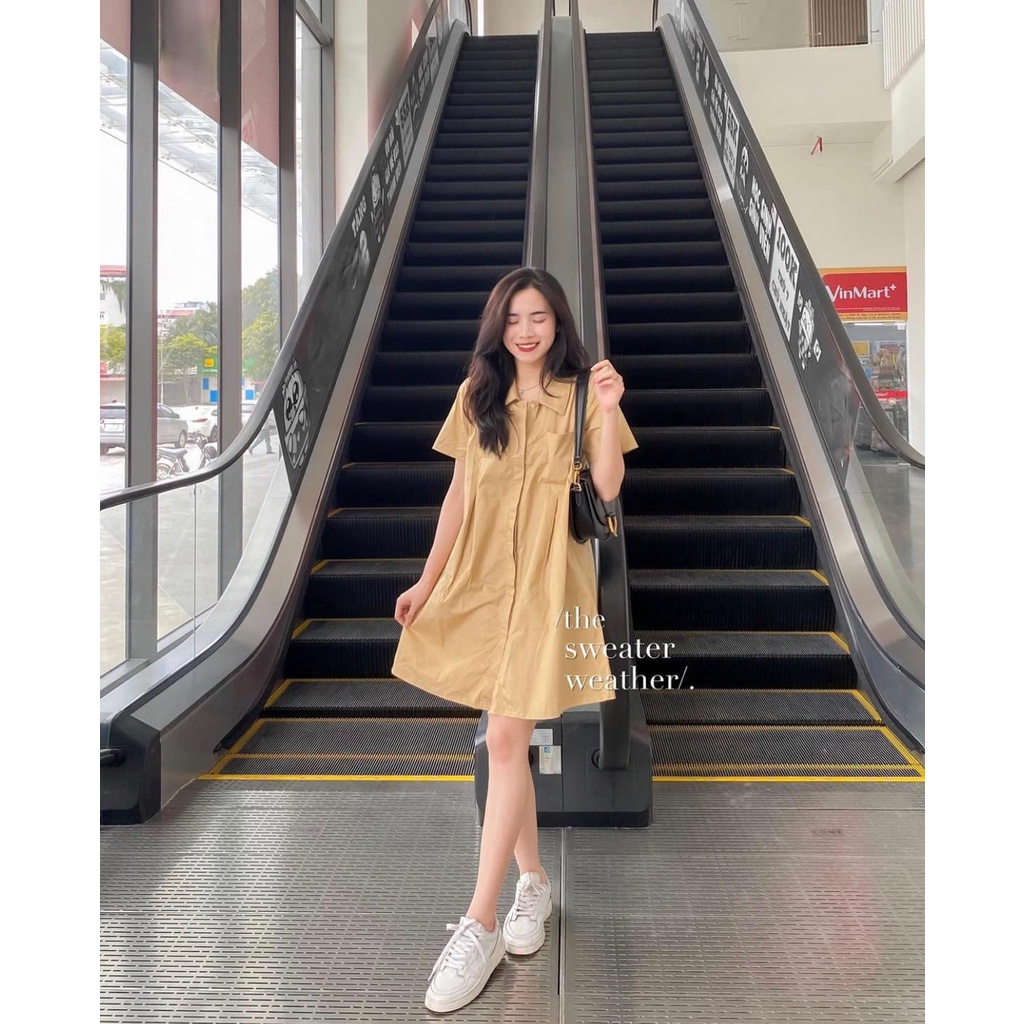 Đầm - Váy sơ mi thô chữ A túi ngực hai màu