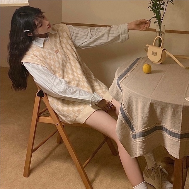 Áo sweater không tay cổ chữ v dáng rộng họa tiết sọc caro thời trang dành cho nữ