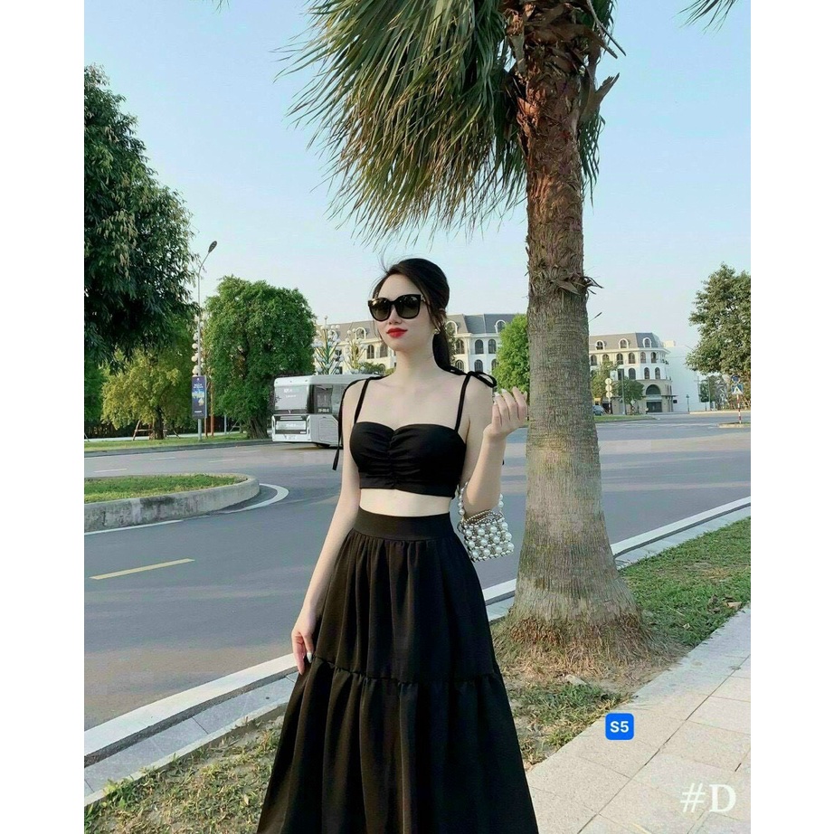 Set áo hai dây nhún ngực và chân váy xòe cực xinh