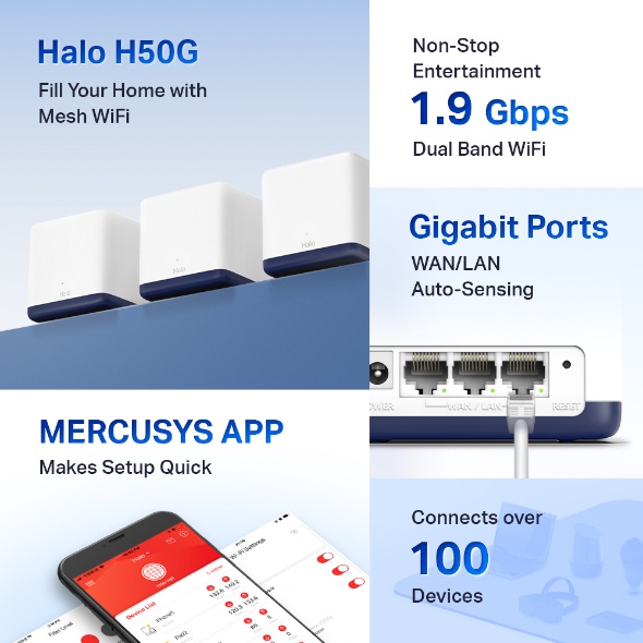 Hệ Thống Wifi Mesh Mercusys Halo H50G Dành Cho Gia Đình Chuẩn AC1900