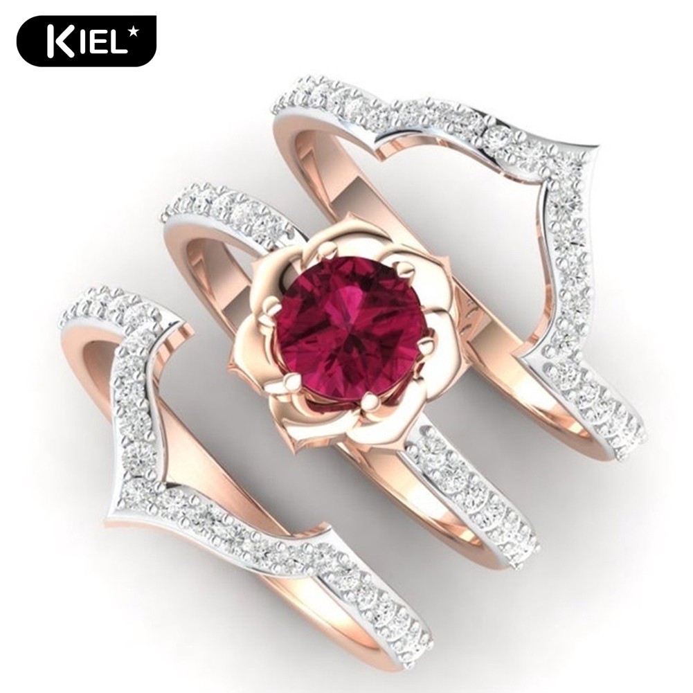 Bộ 3 Nhẫn Đính Đá Ruby Nhân Tạo Thanh Lịch