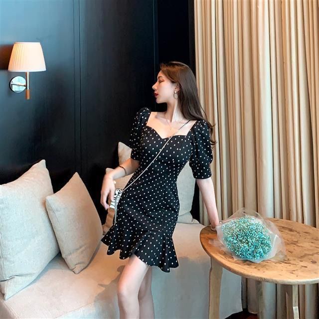Đầm Tay Phồng Cổ Chữ V Dáng Ôm Họa Tiết Chấm Bi Phong Cách Hàn Quốc Thời Trang Mùa Hè Mới Cho Nữ