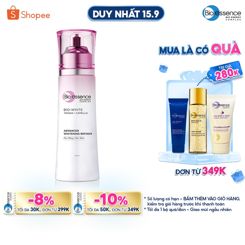 Nước cân bằng da trắng hồng Bio-Essence Bio-White Advanced Whitening Refiner chiết xuất Tanaka & Camellia 100ml