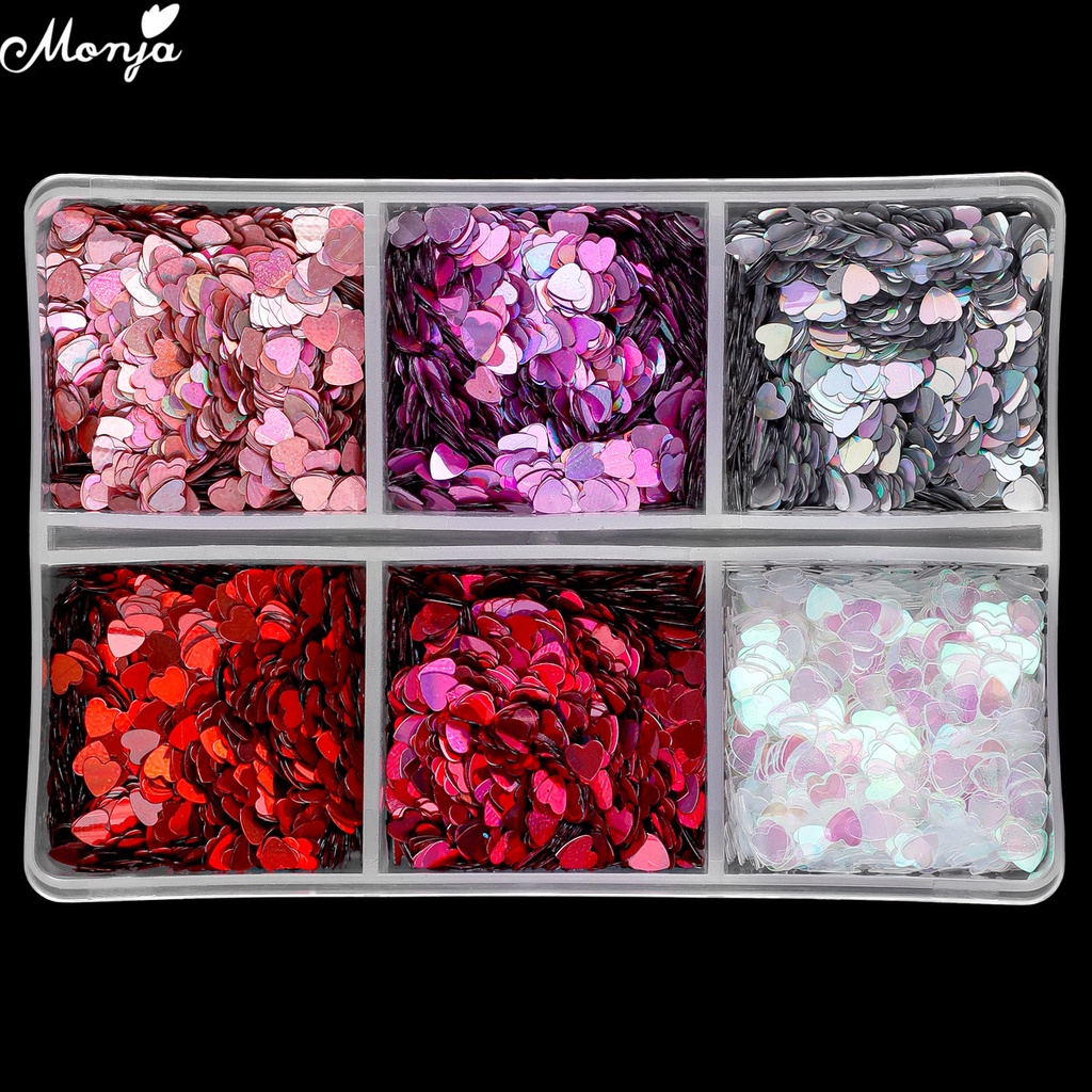 MONJA [Hàng mới về] Hộp 6 ngăn kim sa hình trái tim tiện dụng để trang trí móng tay dễ thương