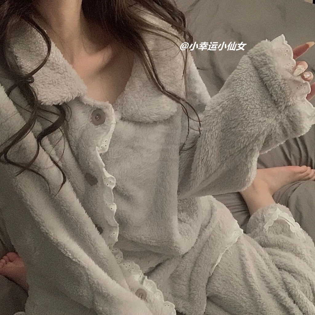 Bộ đồ ngủ vải lông cừu san hô dày dặn giữ ấm mùa thu đông CB3Q