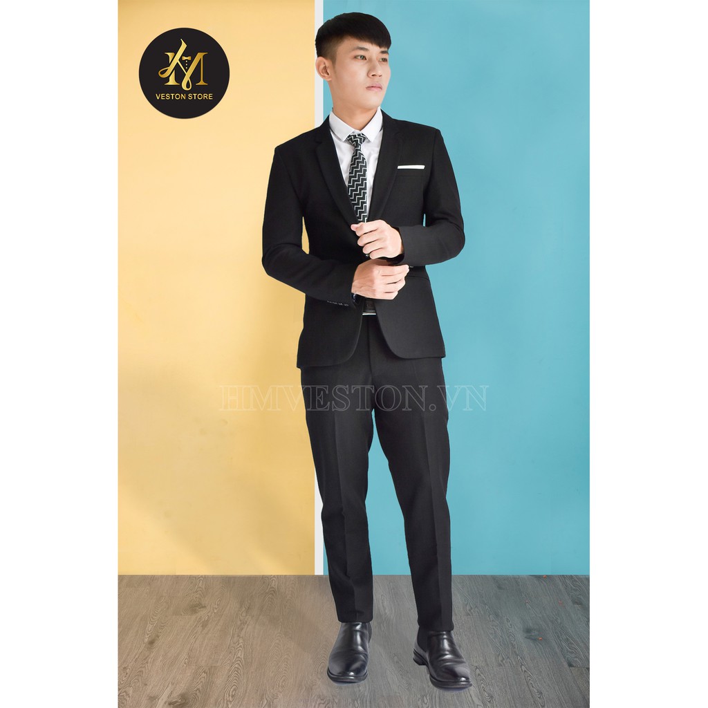 Bộ vest nam màu đen sọc ca rô chất liệu vải nhập cao cấp tặng kèm combo phụ kiện