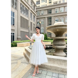 Đầm maxi trắng ren lưới tay phồng phom lửng mới nhất