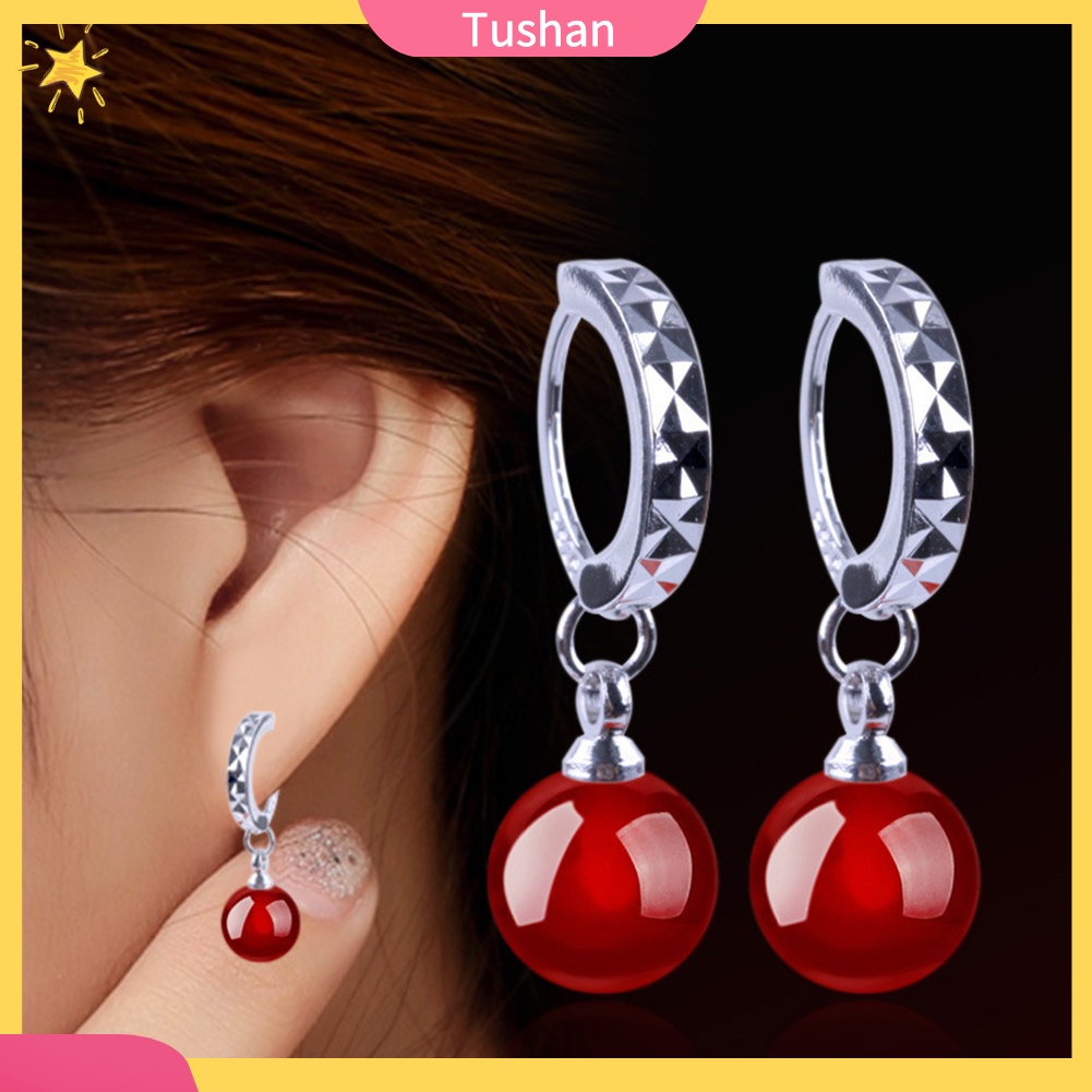 TUSH_Fashion Women Round Faux Agate Bead Dangle Drop Huggie Earrings Jewelry Gift