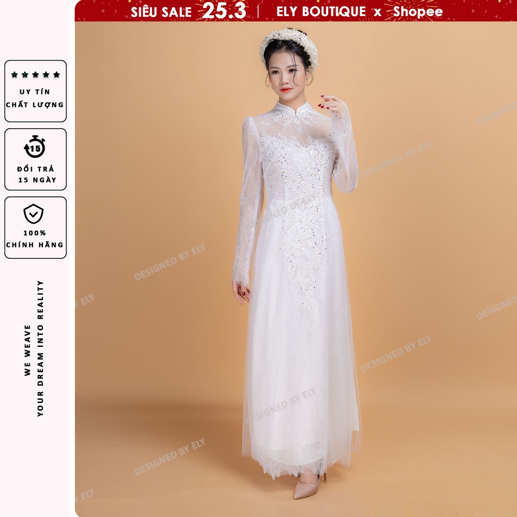 Áo dài cưới truyền thống ELY Boutique áo dài trắng đính kết pha lê 3 lớp 6 tà