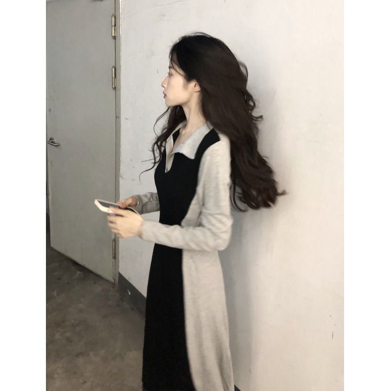 Đầm COZOKC tay dài cổ polo ôm eo màu tương phản phong cách Hàn Quốc