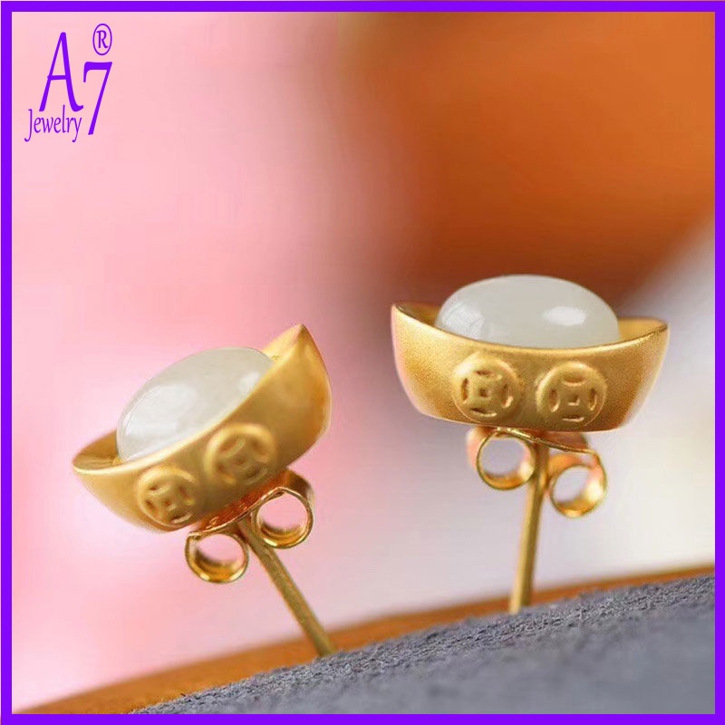 Bông Tai Bạc A7 S925 Đính Đá Ngọc Bích Trắng Nhỏ Xinh